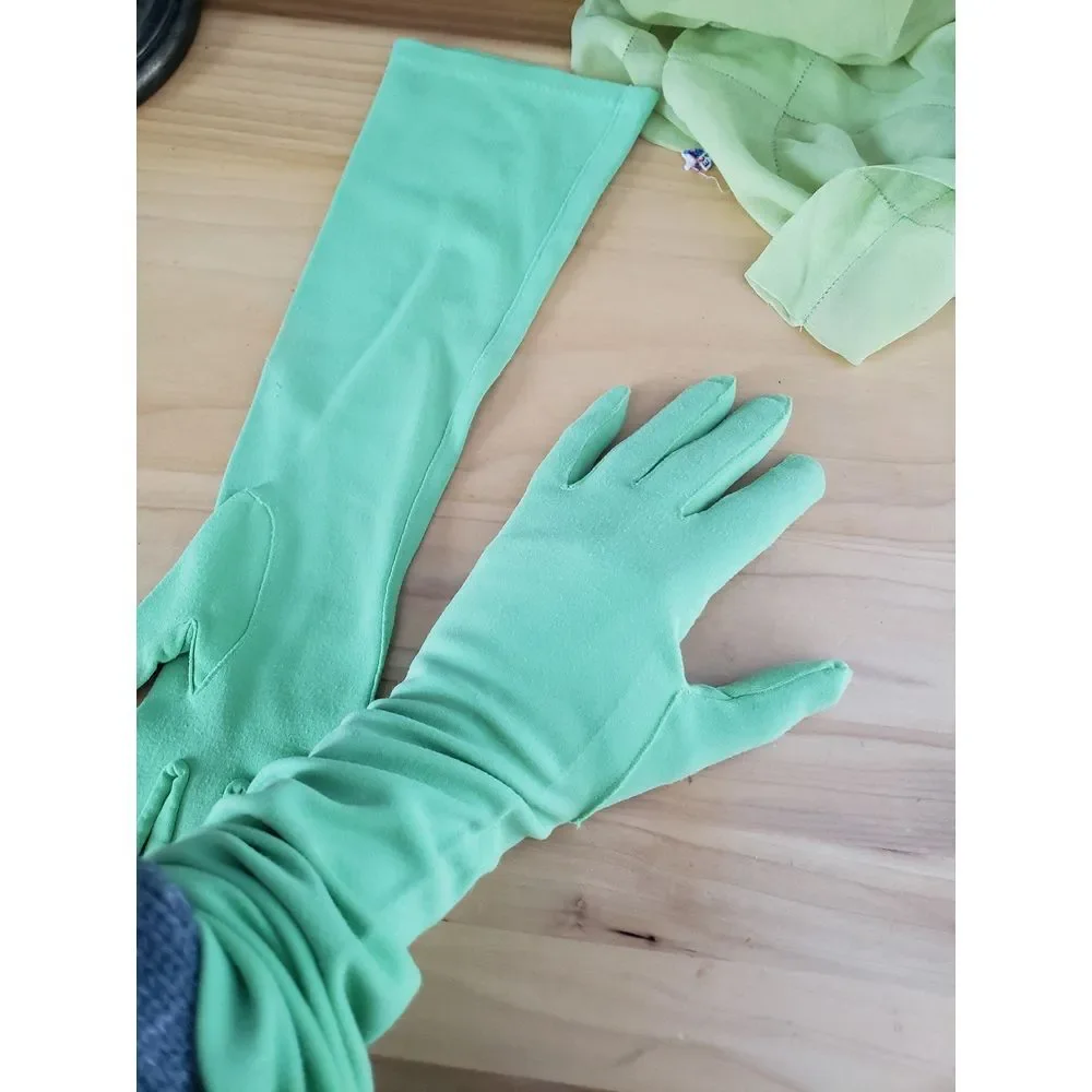 60s Green Elbow Length Gloves and‎ Silk(?) Scarf